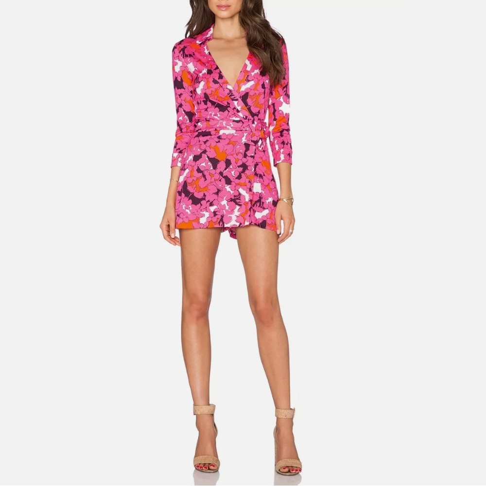 Diane Von Furstenberg Celeste Wrap Romper Eden Garden Pink 100% Silk Size 0 $398